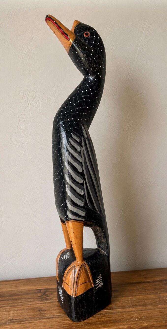 Vintage Hand Carved Wooden Duck Sculpture: Black Folk Art Bird, Rustic Decor